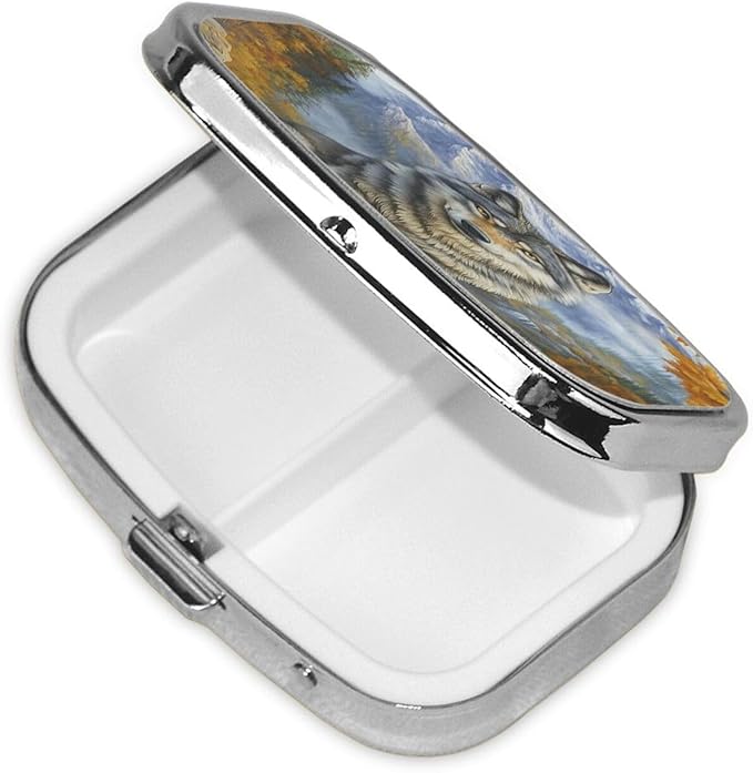 Elegant Autumn Wolf & Mountain Pill Box with Mirror 2 Compartments Square Pill Organizer for Pocket