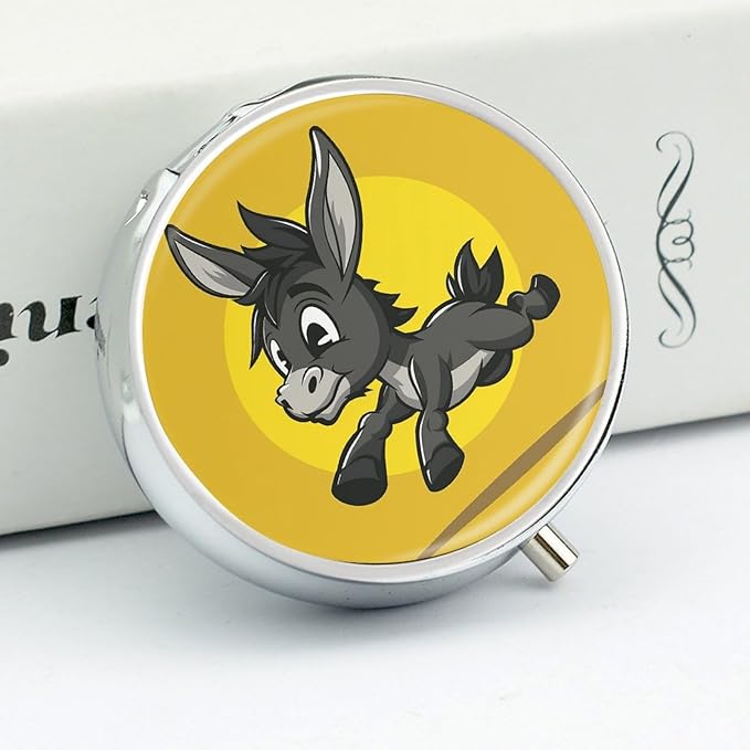 Cartoon Donkey Image Pill Box Travel Pill Case for Purse Pocket Weekly Medicine Organizer with Mirror 3 Compartment Round Medicine Case Portable PillcaseHolder for Daily