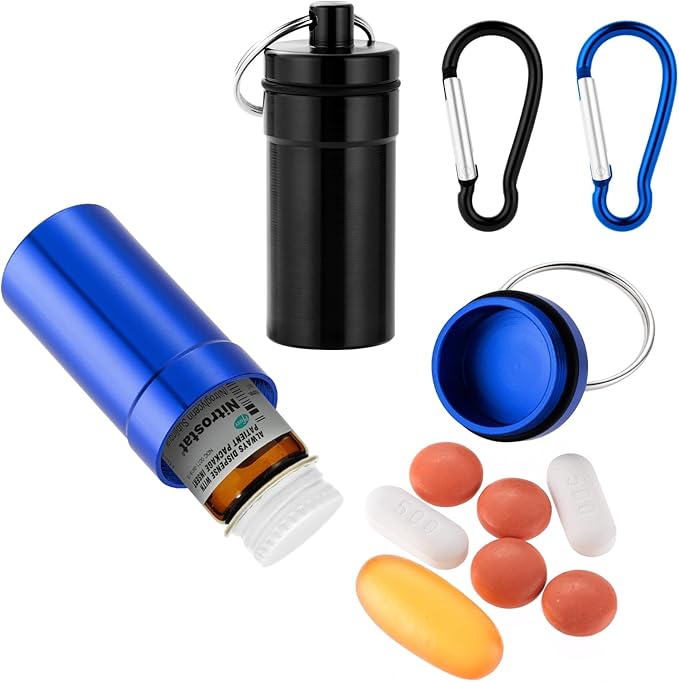 Keychain Pill Holder for Nitroglycerin, 2 Pack Waterproof Portable Travel Purse Pocket Pill Case, Keychain Mini Fob Container for 25ct Nitro/Nitroglycerin Bottle