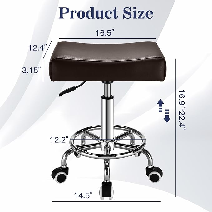 Square Salon Rolling Stool - 300lbs Weight Capacity，Adjustable Swivel Stool with Wheel，Pu Leahter Comfortable Cutting Stools for Salon Tattoo Stylist Massage Perfect for Work SPA (Brown)