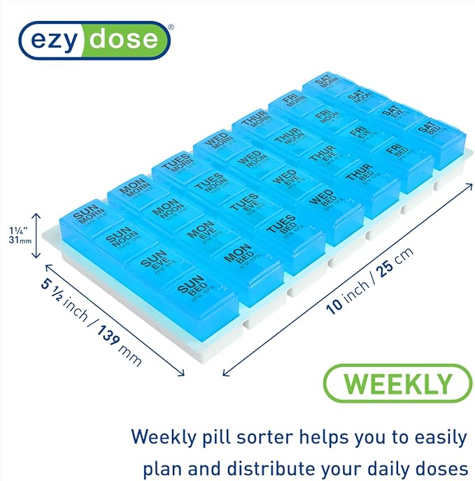 Ezy Dose Weekly (7-Day) Pill Organizer, Vitamin and Medicine Box, Large Pop-Out Compartments, 4 Times a Day, Blue