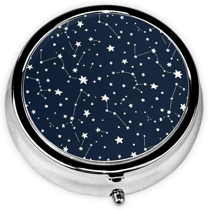 Round Pill Organizer, Portable Travel Pill Case, Purse Pill Box Hold for Pills, Jewelry, Beads, Paper Clips, Constellation Galaxy Starry Night Stars Glow in The Dark Midnight