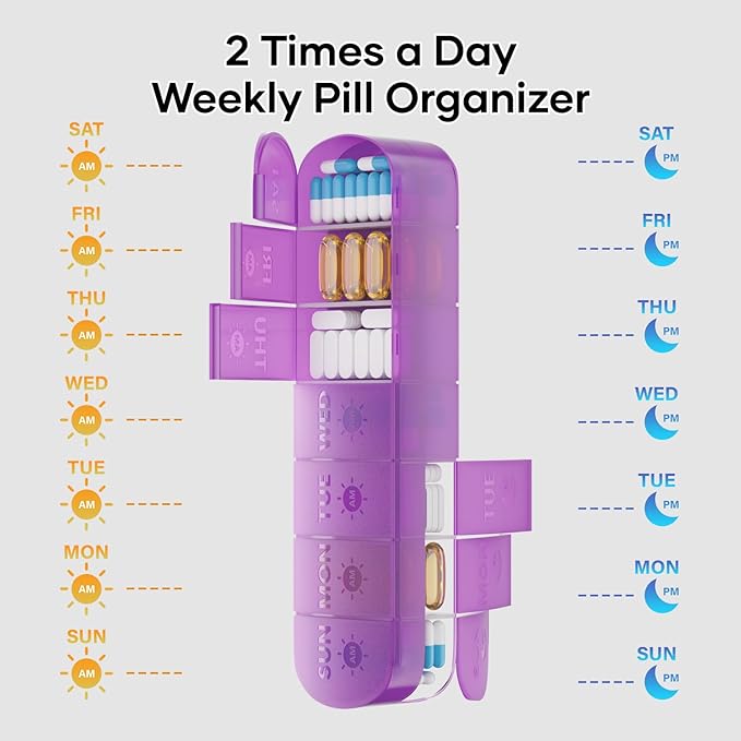 2 Layers Weekly Pill Organizer 2 Times a Day, Travel Medicine Pill Organizer, Pill Box Case 7 Day AM PM BPA-Free, Pill Container for Vitamins, Fish Oil, Supplements and Medication, Purple