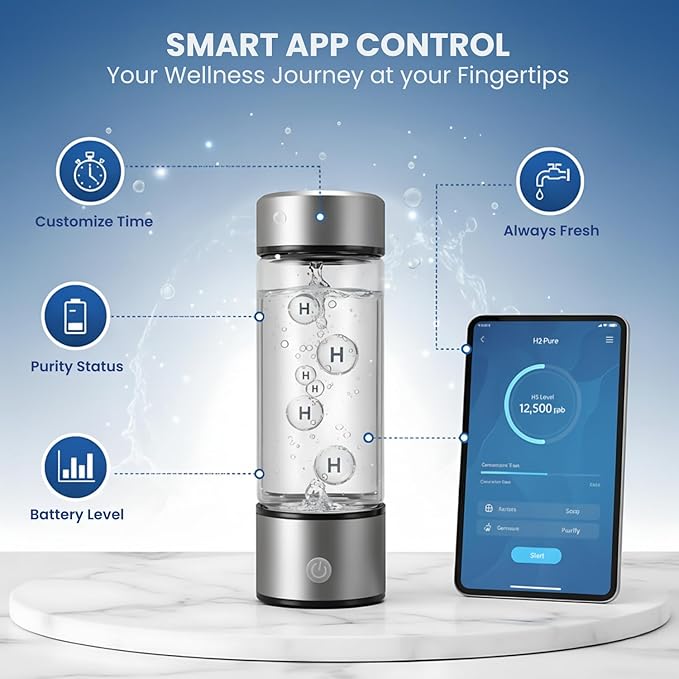 Hydrogen Water Bottle, Portable & Rechargeable – Molecular Hydrogen Water Generator, Alkaline Ionizer, Hydrogenated Water Purifier for Health & Fitness with Hydrogen-Rich Water Silver