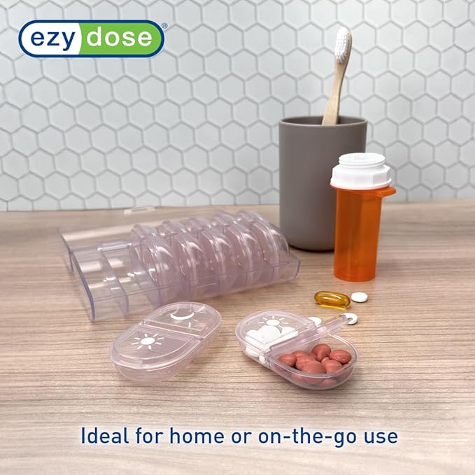 EZY DOSE Weekly (7-Day) Daily Individual AM/PM Pill Organizer with Case, Portable Medication Dispenser, Travel-Friendly Durable Pill Container, 2X Day Compartments for Vitamins and Supplements, Pink