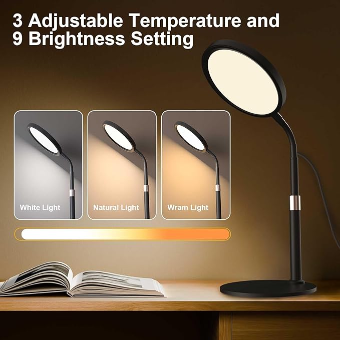 Light Therapy Lamp, UV-Free 10000 Lux Light Therapy Desk Lamp with 360° Gooseneck & 9 Brightness Happy Therapy Light for Lift Mood