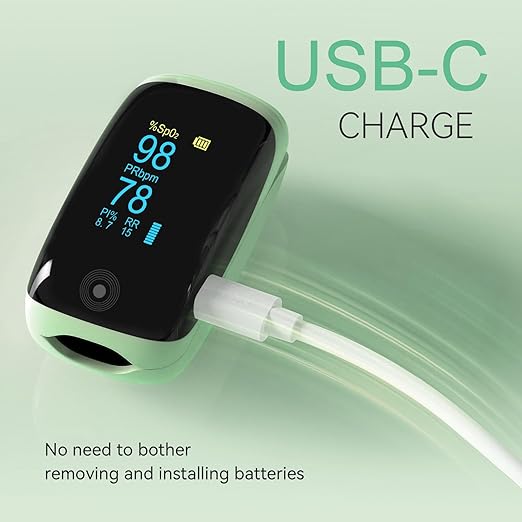 Fingertip Pulse Oximeter with Respiration Rate Monitoring, PI & RR Measurements, Rechargeable Blood Oxygen Monitor with Heart Rate and Fast Spo2 Reading, Pulse Ox with OLED Display, 6 View Modes & Auto-Rotating Screen (Green)