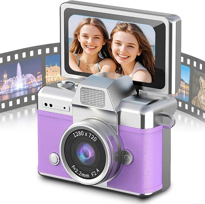 Mini Camera with Flip Screen, 2026 New Mini Digital Camera with 1.47 in LCD Screen, 1080P FHD Recording with 0.96" IPS Screen with 6 Retro Filters AVI, 32GB No Memory Card Included (Purple)