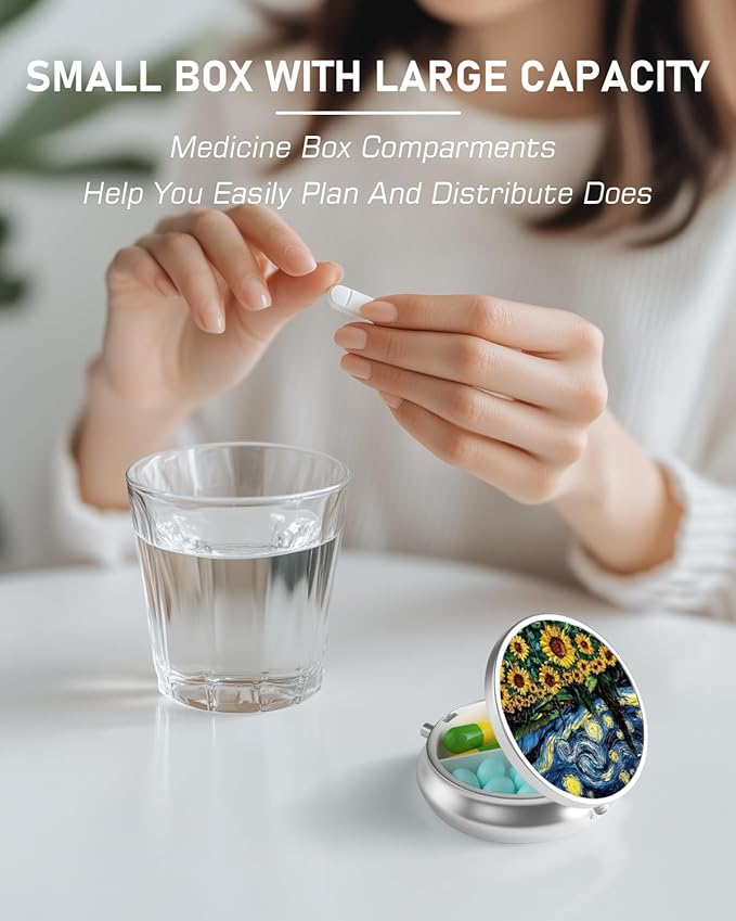 Pill Box, 3 Compartment Portable Travel Medicine Box with Mirror, Compact and Cute, Fits in Purse and Pocket, Medicine and Vitamin Organizer (Sunflower)