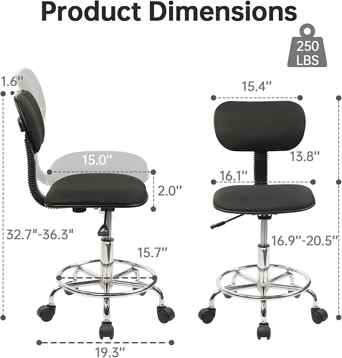 Low Wide Rolling Swivel Stool with Backrest, Adjustable Height Salon Chair Stools with Footrest for Spa Tattoo Office Desk Massage Task Lash Barber Facial, Black 2PK