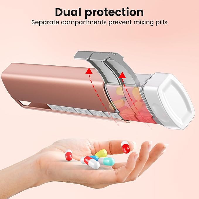 Daviky Metal Travel Pill Organizer, Premium Aluminum Pill Box 7 Day, Weekly Daily Pill Case, Stylish&Cute Pill Holder for Medicines, Supplements and Vitamins (Pink+Gray)