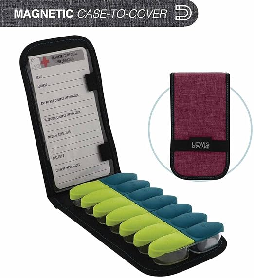 Lewis N. Clark Magnetic Folding Pill Organizer Supplement Case for OTC Medicine, Prescription Vitamins-14 Slots, Burgundy
