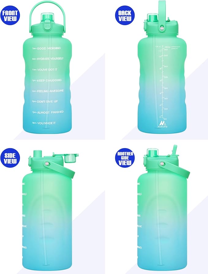 HydroPal 1 Gallon Water Bottles with Straw, 128 oz Water Bottle BPA Free Innovative 2-IN-1 Lid Gym Bottle with Times to Drink Motivational, Large for Sports Fitness Camping Water Jug （13.8X5.5 inch）