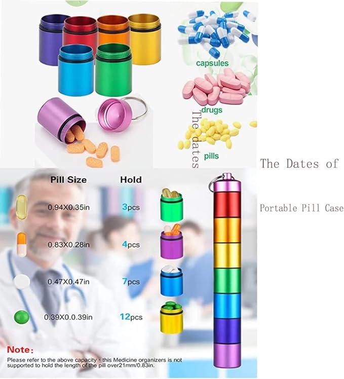 FAYALA Pill Disperser Waterproof 7 Days Rainbow Pill Holder Travel Pill Container Portable Medicine Keychain Daily Airtight Pill Organizer (25 * 189)