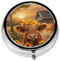 Pill Box 3 Compartment Pocket Small Pill Organizer Mini Metal Pill Holder Travel Portable for Man Woman Old People and Children - Highland Cow