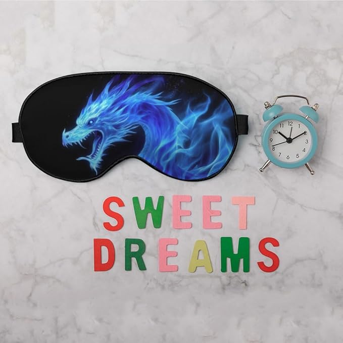 Fiery Dragon Sleep Eye Mask Blue Dragon Black Silk Eye Mask Sleeping Soft Eye Shade Cover for Men Women Boy Girl Airplane Travel with Elastic Strap