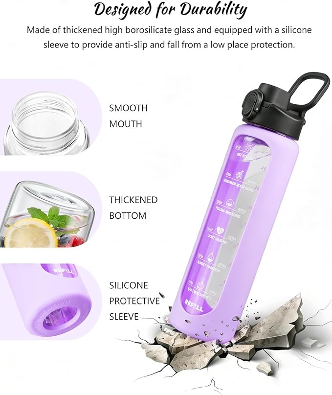 Nefeeko 32 oz Glass Water Bottles with Straw, Motivational Glass Water Bottle with Time Marker, 1 Liter BPA FREE Leakproof Reusable Glass Water Bottle with Silicone Sleeve, Bamboo Lid, Spout Lid