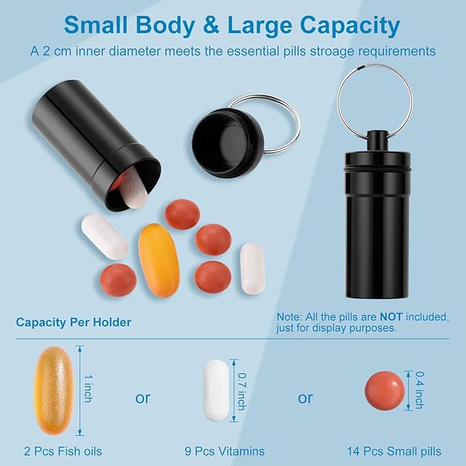 Keychain Pill Holder for Nitroglycerin, 2 Pack Mini Waterproof Portable Travel Purse Pocket Pill Case, Keychain Fob Container for 25ct Nitro/Nitroglycerin Bottle (Black + Black)