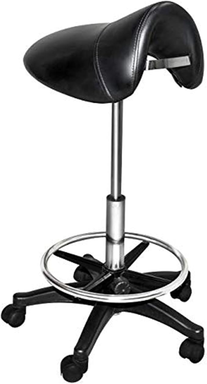 Chromium Professional Rotational Saddle Cutting Stool with High Density Foam Cushions and Steel Frame for Hair Cutting, Styling, and Perming, Black