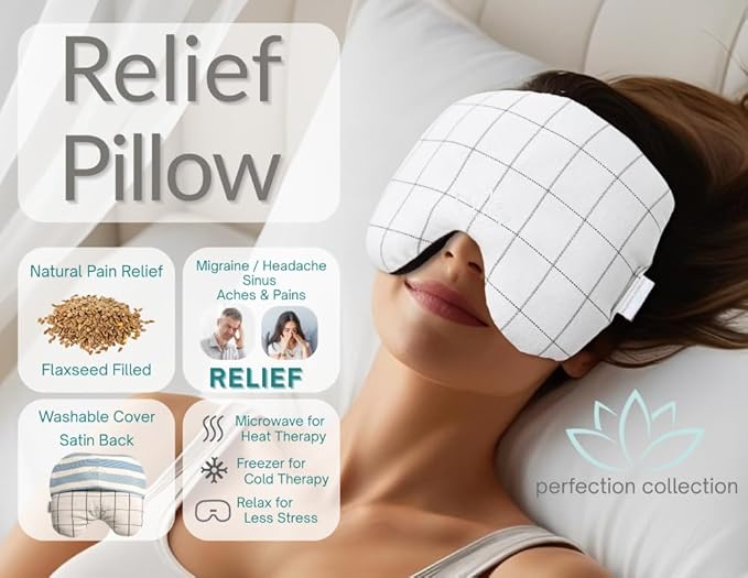 Migraine Relief Eye Pillow Masks with Bonus Washable Cover: Flaxseed Filled for Hot and Cold Pain Relief Therapy (Adult, White and Black, Blue and Ivory Stripe)