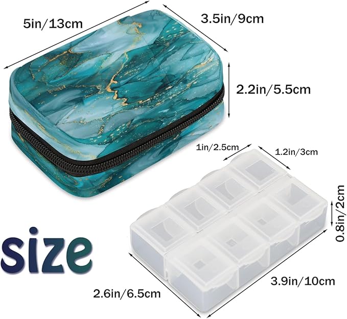 Abstract Teal Ink Marble Travel Pill Organizer Box Weekly Portable Pill Case Daily Pills 7 Day Small Birth Control Pills Container Removable Compartments for Medicine Vitamins Fish Oil