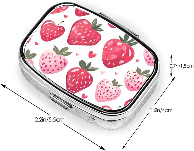 Cute Pink Strawberry Pattern Pill Box with Mirror 2 Compartment Metal Square Small Pill Case for Purse Pocket Portable Pill Container Holder Travel Medicine Organizer for Vitamin Fish Oil Supplement