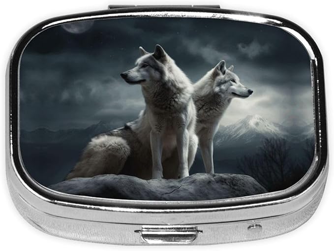 Square Pill Box 2 Compartment Medicine Pill Case Wolf at Night Pill Box for Purse Pocket Waterproof Metal Pill Container Portable Pill Holder Mini Pill Organizer for Travel or Daily