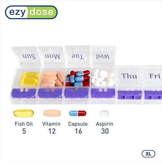 EZY DOSE Weekly (7-Day) AM/PM Daily Pill Organizer, Vitamin Case, and Medicine Container, X-Large Compartments, Arthritis Friendly, Convenient with Effortless Portability, Clear/Purple Lids, BPA Free