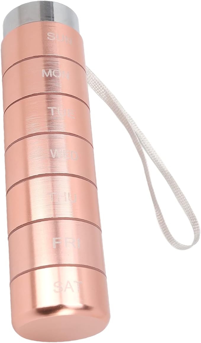 Metal Organizer, Stackable Metal Weekly Travel Organizer, Portable Aluminum Alloy Tablets Box with Lanyard Rose Gold for Vitamin, Fish Oil & Supplement