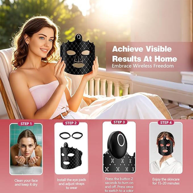 Red Light Therapy Mask for Face, LED Face Mask with 7 Colors Modes, Rechargeable Beauty Device with Eye Shields, Adjustable Straps & Timer for Home Travel Skincare