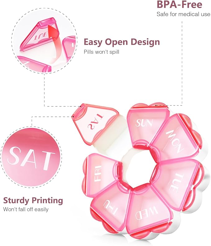 Cute Pill Organizer 7 Day, Color Blocking Weekly Pill Box, Daily Medicine Container with Large Compartments for Fish Oils/Vitamins/Medication/Supplements (Pink)