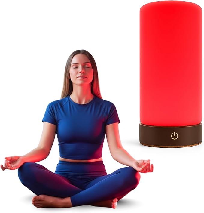 Rubi Red Light Therapy Lamp – 670nm Wavelength for Natural Sleep, Relaxation & Wellness | Adjustable Brightness for Bedroom Light | Elegant Glass & Wood Design | One-Touch Lamp Switch