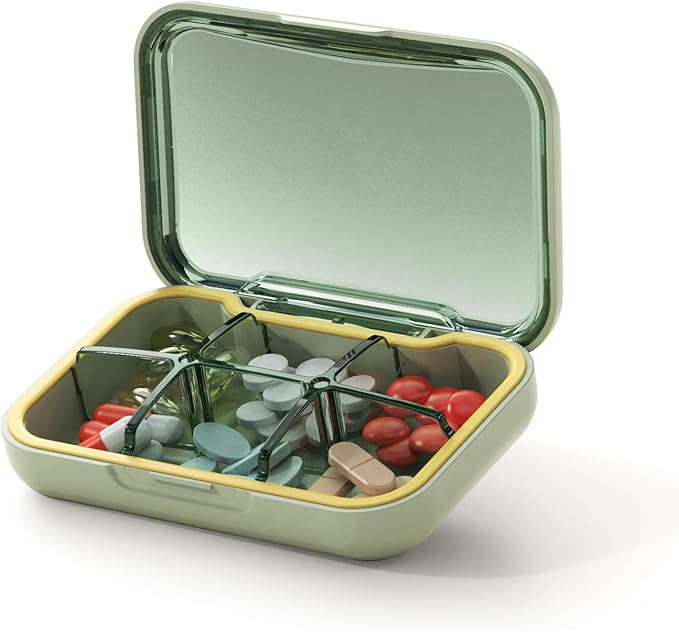Portable Pill Box, Pill Organizer with 6 Compartments, Daily Medicine Pill Case, Pocket Size Pill Box for Travel, BPA Free Small Pill Container for Vitamins, Fish Oil, Supplements (Green)
