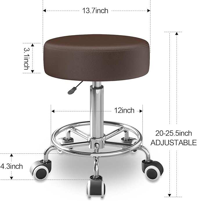 Rolling Stool, Heavy Weight Capacity 250lb, PU Leather Rolling stools, Ultra Soft Padded Seat, Rolling Stools with Wheels and Footrest, 360° Swivel, Spa Drawing Salon Work Office Tattoo Stool (Brown)