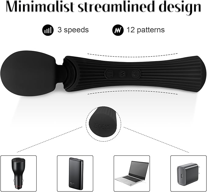 Handheld Cordless Personal Massager - Powerful 12 Vibration Patterns, 3 Speeds Settings & Waterproof, Body-Safe Silicone for Relaxation and Muscle Comfort in Neck, Shoulders and Foot - Black
