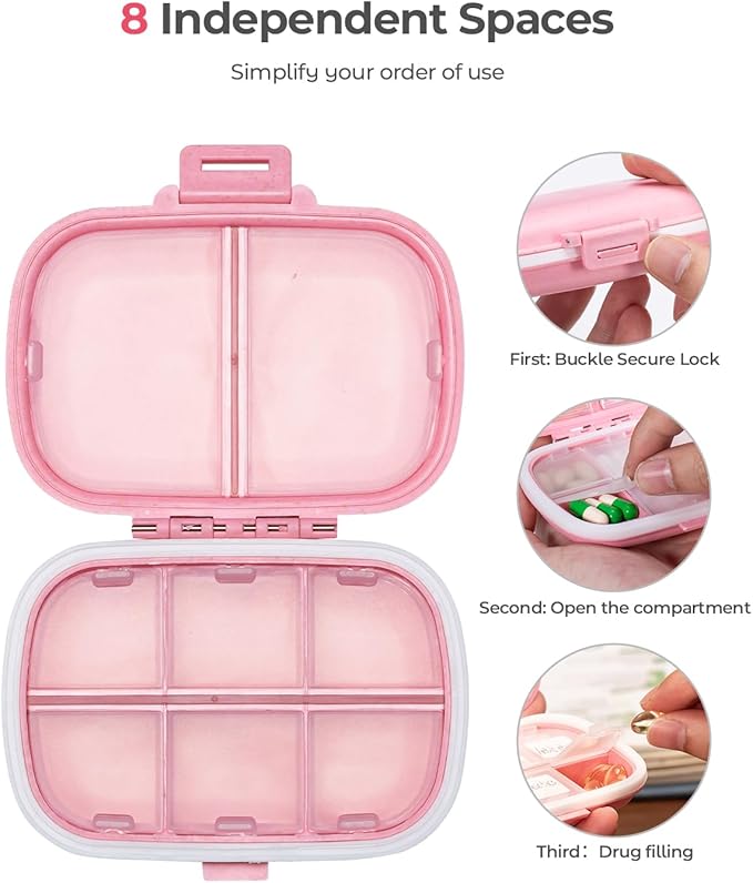 Travel Pill Organizer, 6+2 Extra Large Compartments Portable Pill Case, Daily Pill Box to Hold Vitamins, Small Pill Container for Pocket Purse Medicine Organizer（Pink）