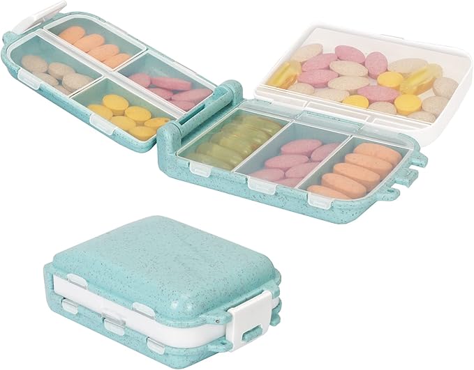 2pcs Portable Pill Case Travel Pill Organizer, Three Folding Design Daily Pill Organizer, Pill Box for Purse Pocket to Hold Vitamins,Cod Liver Oil,Supplements and Medication, Light Blue