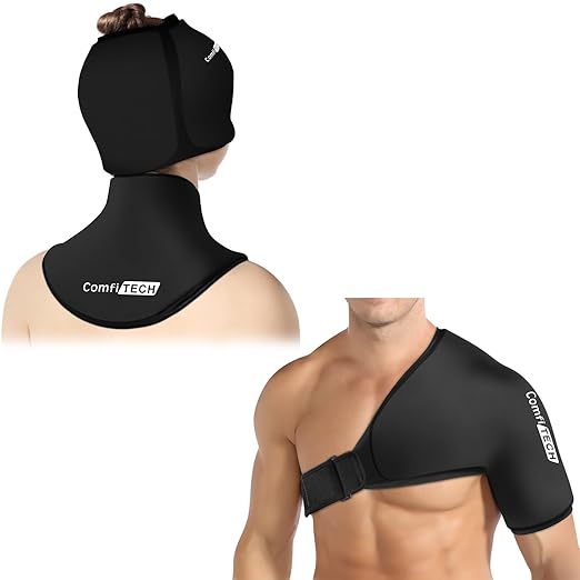 Comfitech Shoulder Ice Pack Wrap Rotator Cuff Cold Therapy Compression Sleeve for Better Putting On & Off & XL Migraine Relief Cap & Neck Ice Pack, Headache Relief Cap & Ice Pack for Neck