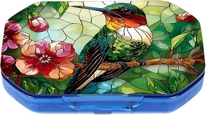 This Portable Vintage Stained Glass Hummingbird Pattern 6-Compartment Pillbox Can Be Placed in A Pocket Or Wallet to Store Vitamins, Medicines Fish Oil Health Supplements Other Medications.