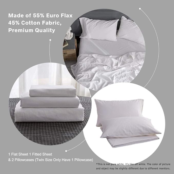 Simple&Opulence Belgian Linen Sheet Set Solid Color - 4 Pieces (1 Flat Sheet, 1 Fitted Sheet & 2 Pillowcases) Natural Flax Cotton Blend Soft Breathable Farmhouse Bedding - King Size, White