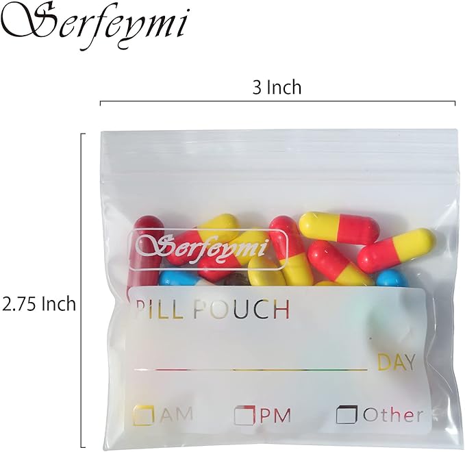 Serfeymi Pill Bags for Travel Pill Pouch Organizer Pack of 540 BPA Free 3 x 2.75 inch Reusable Pill Pouches for Medicine with Write on Label & Zipper Seal Waterproof AM PM Pill Baggies for Supplements