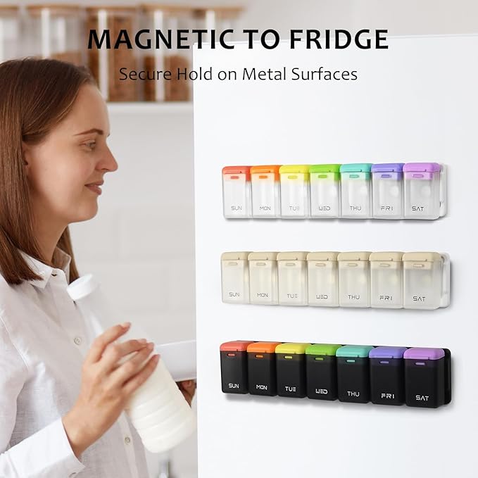 Fridge Magnetic Weekly Pill Organizer, Easy Open Daily Reminder Waterproof Pill Box for Vitamins, Travel & Daily Use (White)