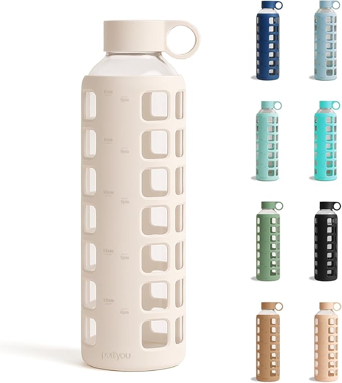 purifyou 40oz / 32oz / 22oz / 12oz Borosilicate Glass Water Bottle with Time & Volume Markers, Silicone Sleeve, Stainless Steel Lid | Reusable Glass Bottle for Water & Juice (32oz Pearled Ivory)