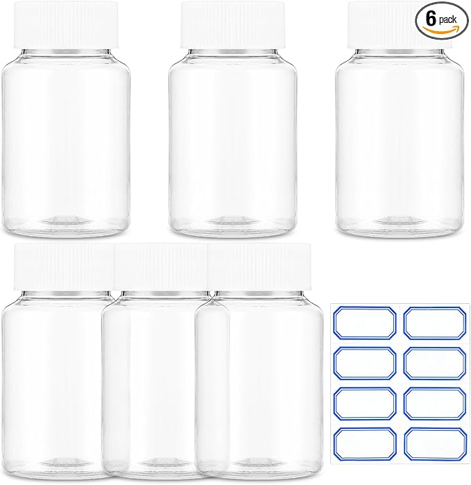 Sibba Clear Pill Bottle 6 Pcs Empty Medicine Organizers 80ML Plastic Dispenser Jar Powder Storage Transparent Reagent Containers Leak Proof Caps Receptacle Large Bottles Fit Home Counter Toiletries
