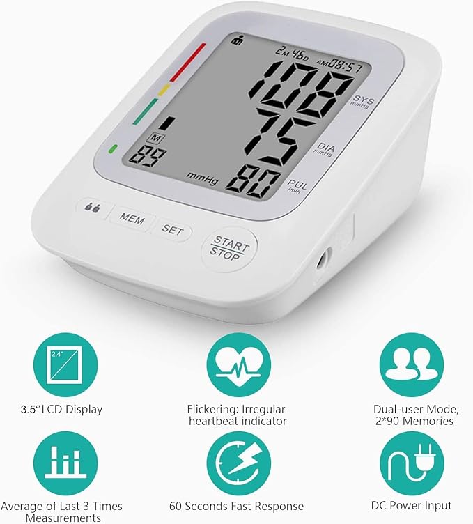 Electronic Blood Pressure Monitor, Upper Arm Automatic Digital BP Monitor Large Cuff, 2 Users 180 Memory Large Display, Irregular Heart Rate Indication, with DC Adapter for Home Use