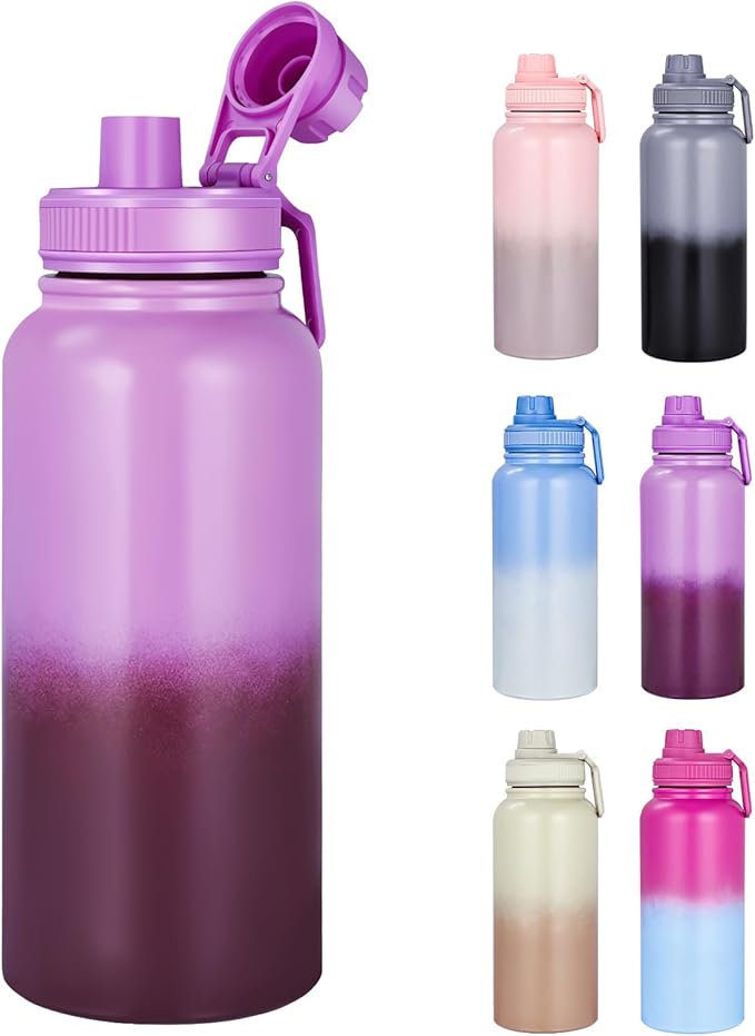 Motivational Water Bottle 32oz with Time Marker- Leakproof & BPA Free Sports Water Bottle with Straw & Carry Strap for Gym, Travel and Outdoor Sports (Stainless steel insulation-Purple)