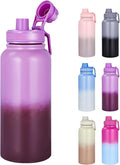 Motivational Water Bottle 32oz with Time Marker- Leakproof & BPA Free Sports Water Bottle with Straw & Carry Strap for Gym, Travel and Outdoor Sports (Stainless steel insulation-Purple)