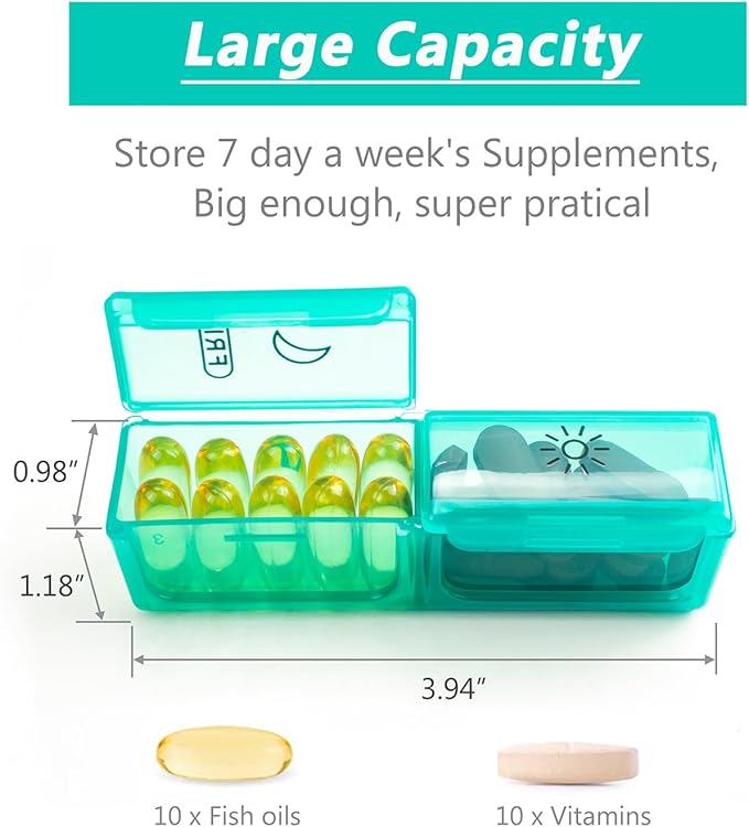Weekly Pill Organizer, 7 Day Pill Box (2-Times-A-Day) Portable for Travel with Moisture-Proof Design Am/Pm Pill Case to Pills/Vitamin/Fish Oil/Supplements