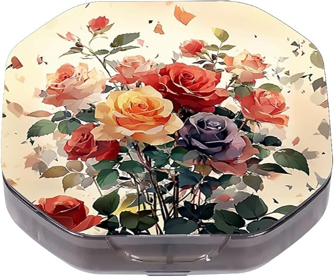This Portable Watercolor Rose Pattern 4-Compartment Pillbox Can Be Placed in A Pocket Or Wallet to Store Vitamins, Medicines Fish Oil Health Supplements Other Medications.