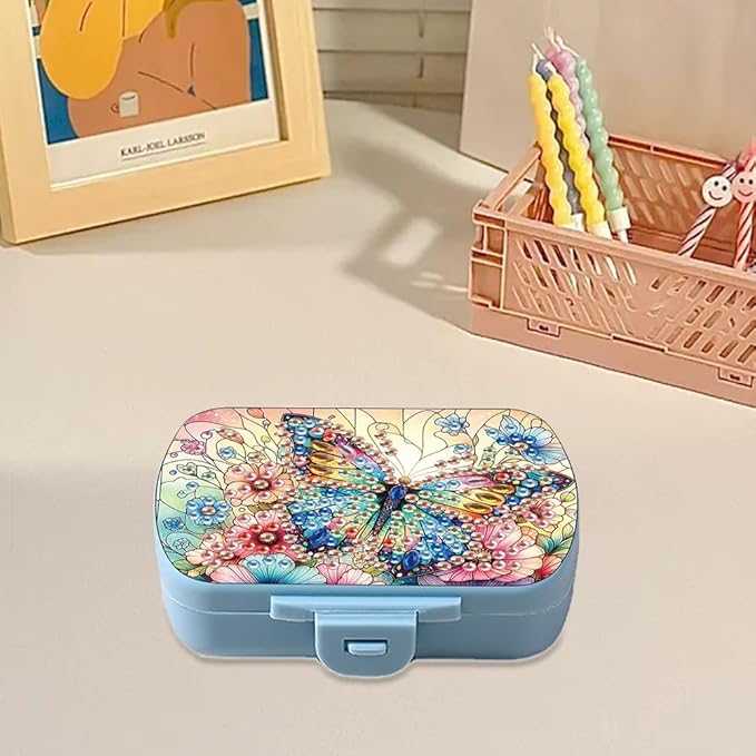 C'eitura DIY Flower Butterfly Diamond Art Painting Blue Pill Organizer with 6 Lid Detachable Compartments, Fun DIY Craft Project for Adults, Elegant Pill Case for Purse & Travel